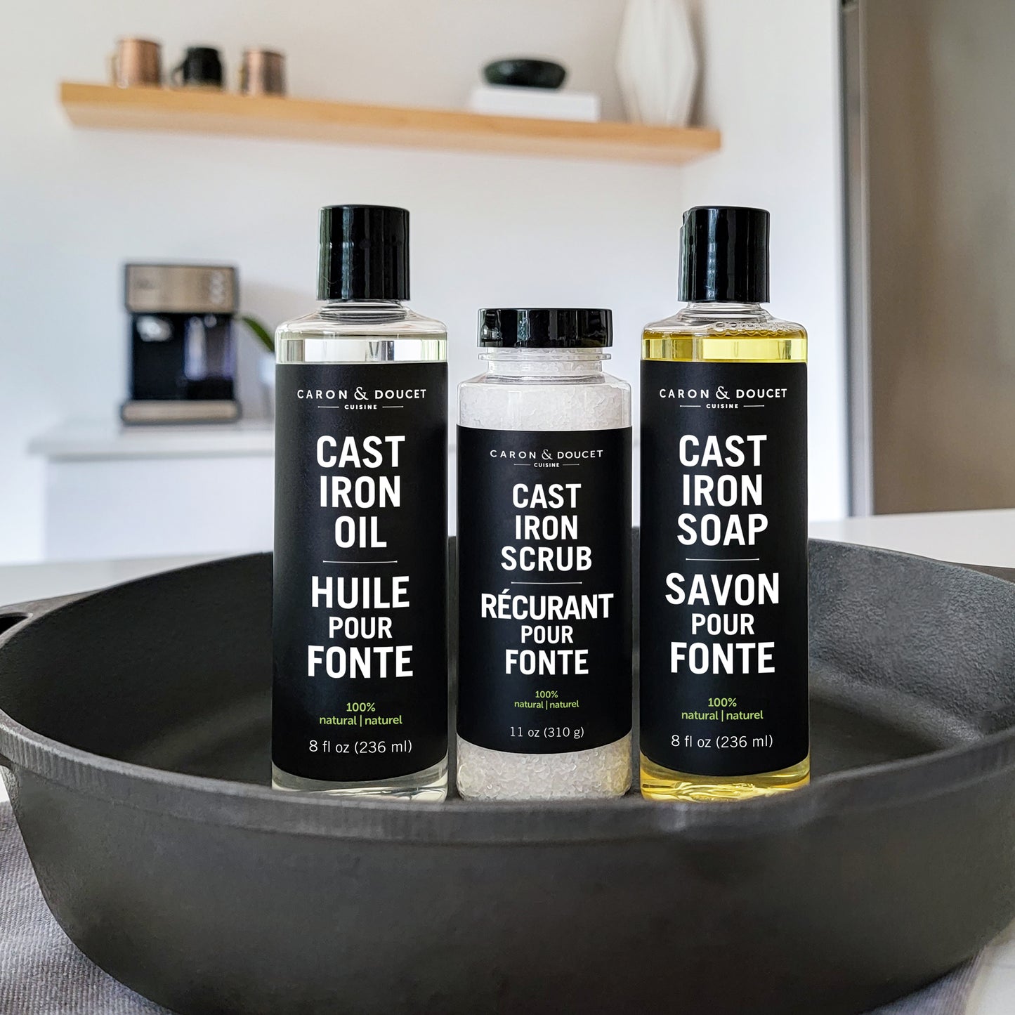 Caron & Doucet - Ultimate Cast Iron Set: Seasoning Oil, Cleaning Soap & Restoring Scrub | 100% Plant-Based & Best for